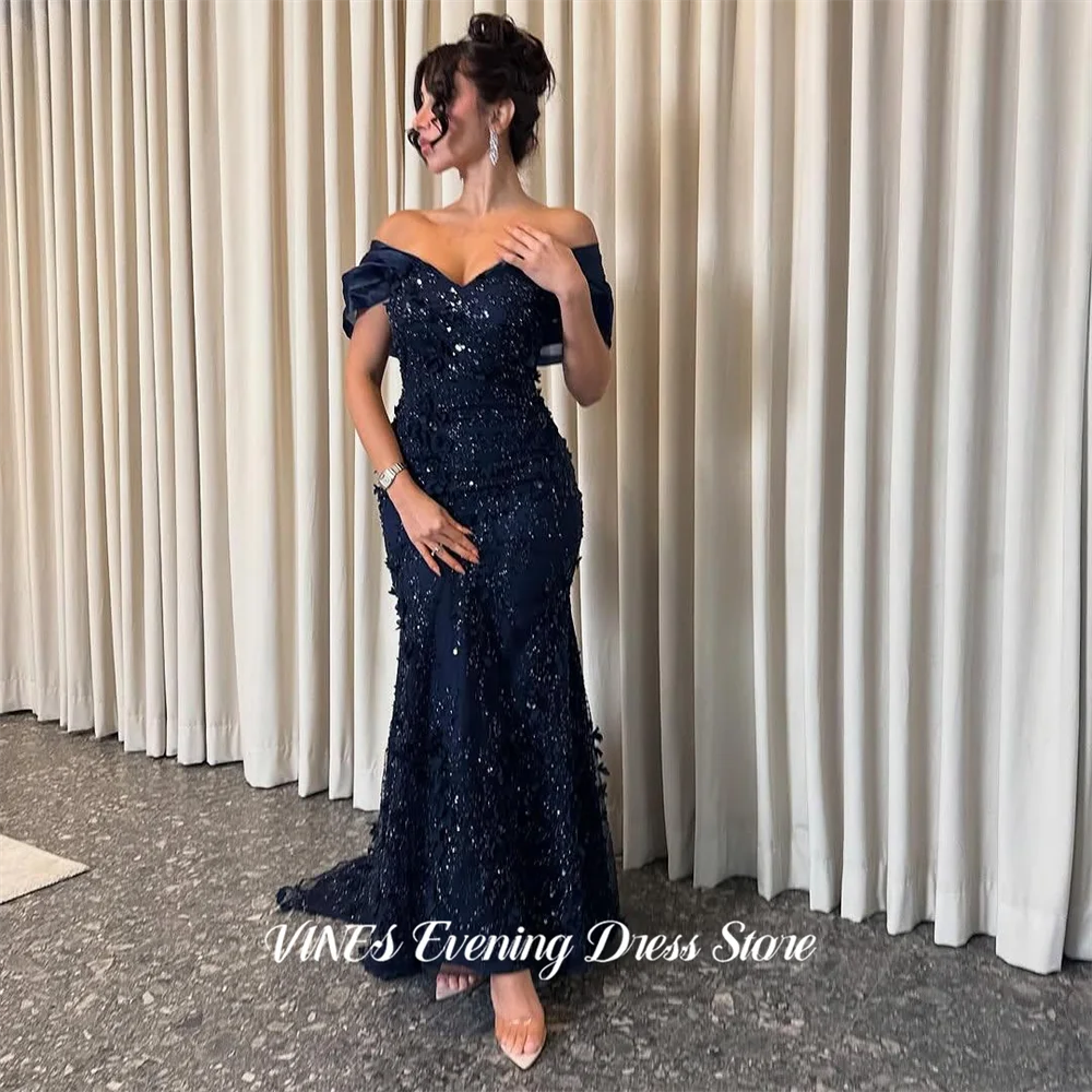 

VINES Navy Blue Evening Dress Off Shoulder Prom Dress Sequin Mermaid Party Dress Floor Length Gala Dress for Women Customized