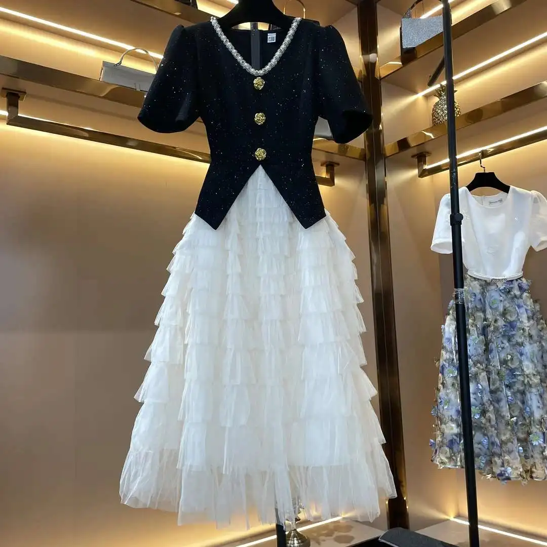 Nova bela malha em camadas saia retalhos vestido flor dourada único breasted chique com decote em v elegante vestido de festa francês jovens