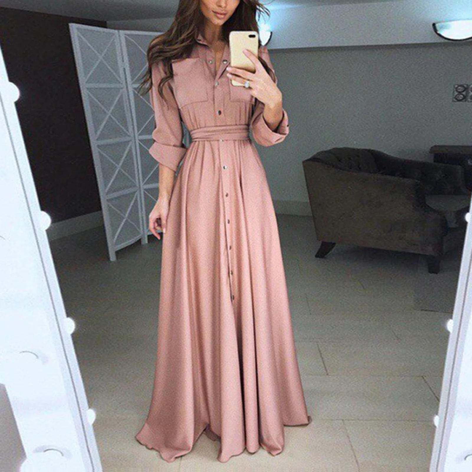 Stylish Single Breasted Long Sleeve Long Dress Soft Comfy Versatile Dress For Shopping Dating