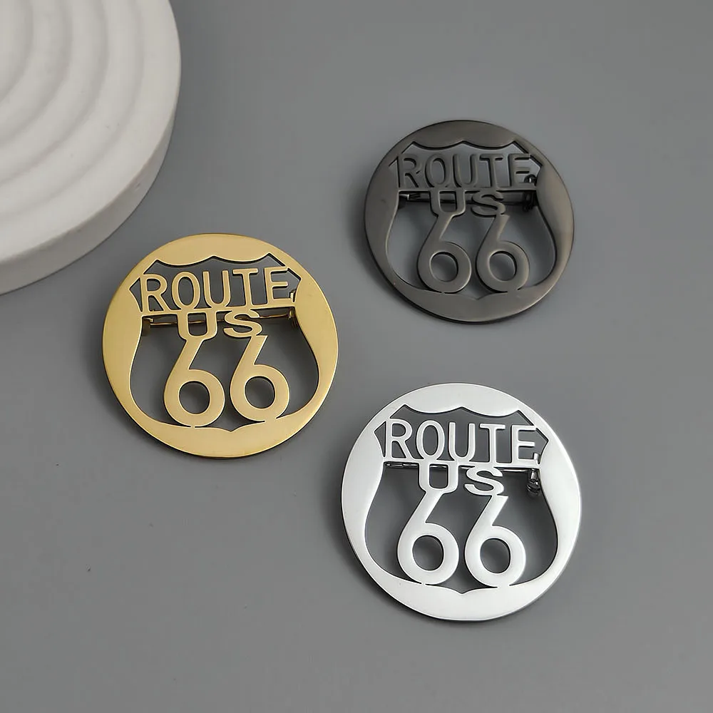 Original design Route 66 stainless steel gold-plated brooch, waterproof and non-fading lapel pin, men's suit accessories