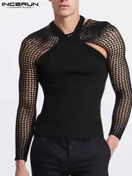 INCERUN Fashion Men T Shirt 2023 Sexy See Through Mesh Hollow Two Pieces Sets Tops Streetwear Party Nightclub Men Clothing S-5XL