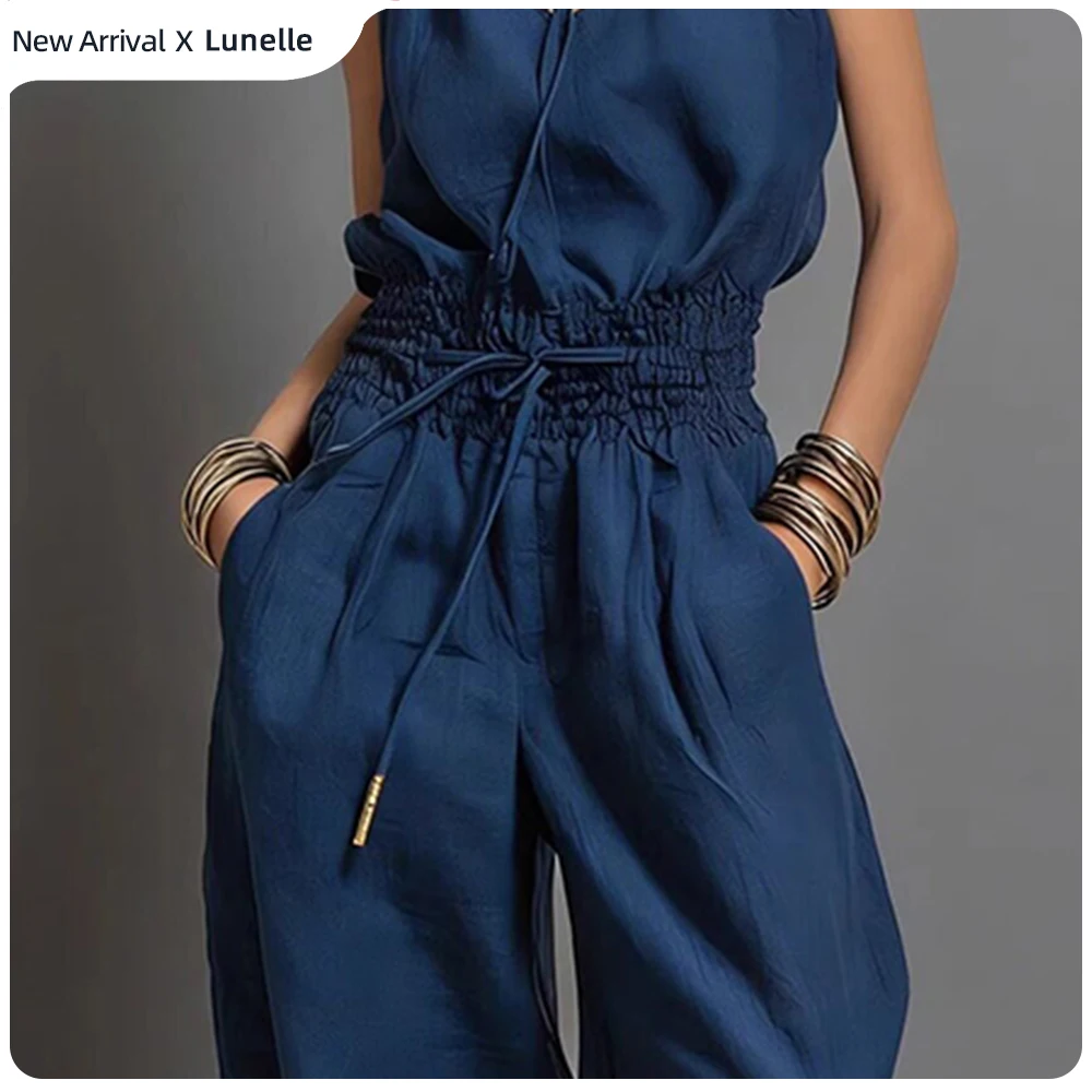 Bohemia Mock Ruffle Neck Jumpsuit For Women Sleeveless Drawstring Waist Wide Leg Pant Side Pocket Retro Vacation Loose Jumpsuit