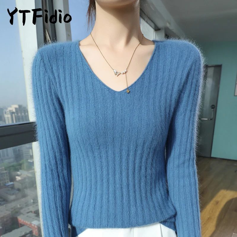 YTFidio Mink Cashmere Sweater  V-Neck Pullover Women Knitwear Vertical Stripes Thick Base Tops Outerwears Knitted Oversized 154