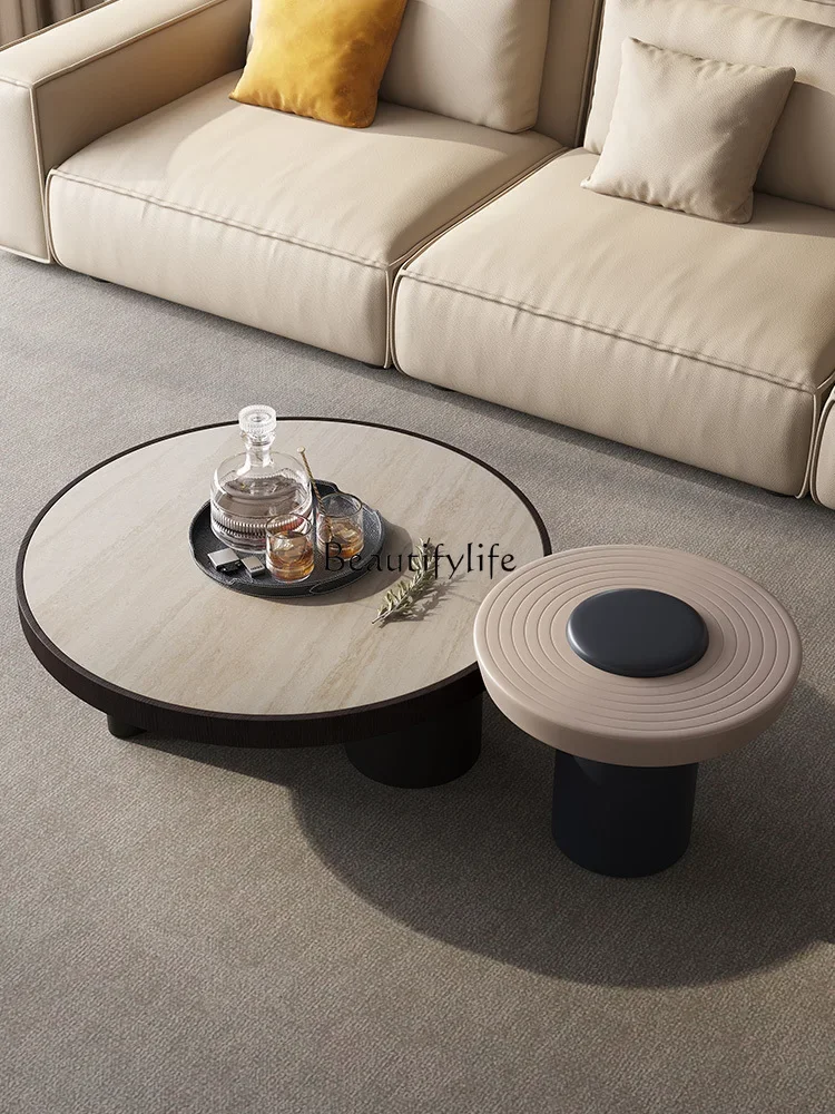

ls 51Italian minimalist natural travertine rock slab round coffee table living room home