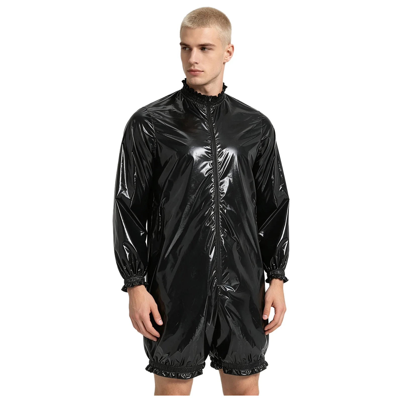 Herren Wasserdichter Vinyl-Bodysuit Badeanzug Langarm Vorderer Reißverschluss Kurze Hose Leotard Overall Gerüschter Windelüberzug Einteiler – Detail 14
