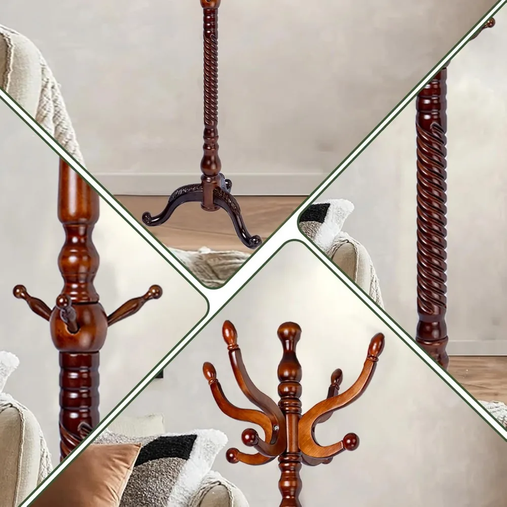 رف معطف خشبي عالي التحمل قائم بذاته مع 14 خطافًا وارتفاع قابل للتعديل، وقاعدة مستديرة صلبة لتخزين المدخل #4