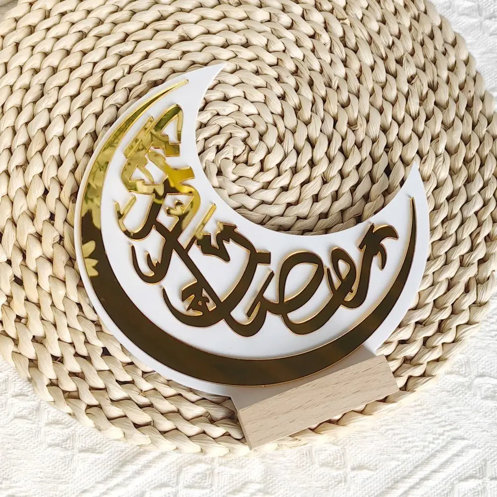 with Wooden Base EID Mubarak Acrylic Pendant Exquisite Handmade Ramadan Kareem Ornaments Moon Shape Mubarak Desktop Ornaments