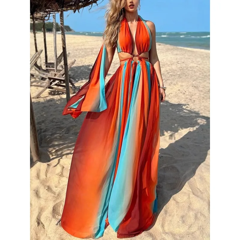 Seksowna Sukienka Maxi na Wakacje na Plaży w Kolorach Tęczy, Długa do Podłogi, Wiązana na Szyi, Bez Pleców, z Wycięciami, Szyfonowa, Plisowana, w Stylu Boho, Koktajlowa