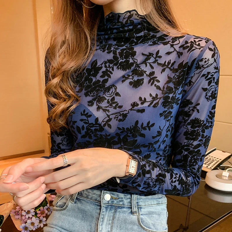 New Sexy High neck Women T shirt See-through Sexy bottoming shirt Long sleeve Printed Mesh Tops Blusa