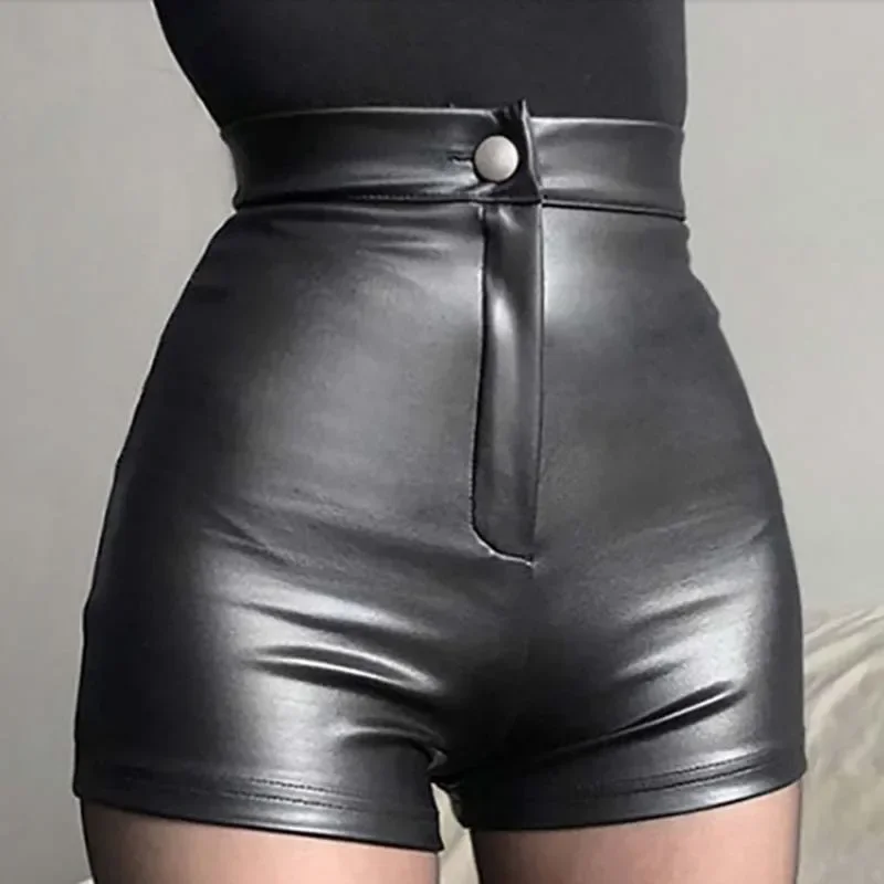 Woman Sexy Open Crotch Shorts PU Skinny Crotchless Mini Pants Leather Outdoor Sex Costume Seamless Zipper Fly Flash Booty Jeans