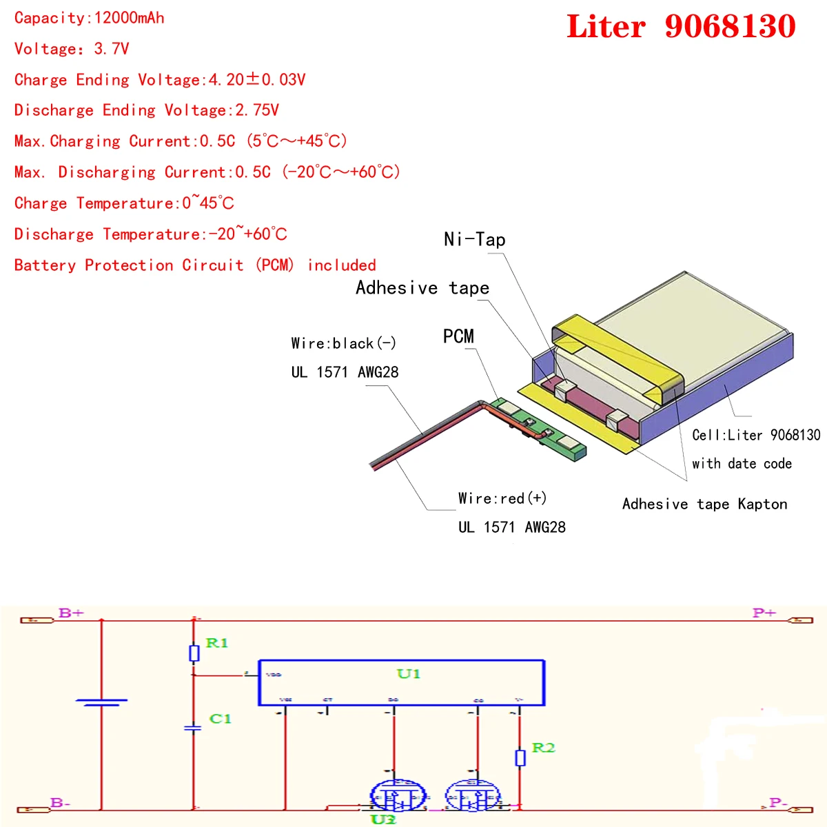 3.7V, 12000mAh 9068130 9070130 Polymer Lithium Ion Li-ion Battery Liter Energy for Smart Watch, GPS Cell Phone, Speaker