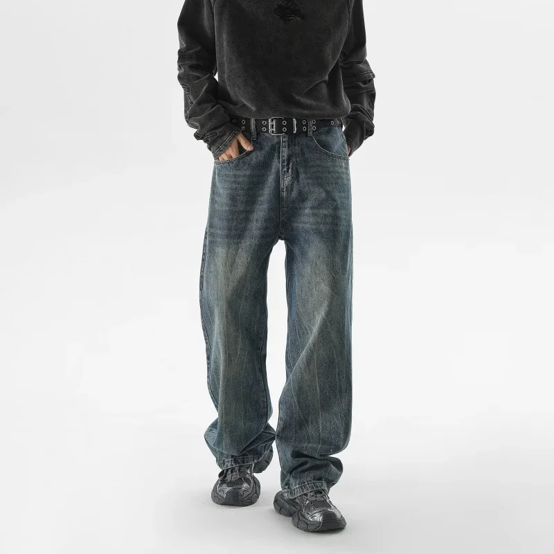 

Pop Autumn Men's Vintage Nostalgia Wide Legs Jeans High Street Casual Washed Distressed Baggy Straight Trousers Black Blue Male
