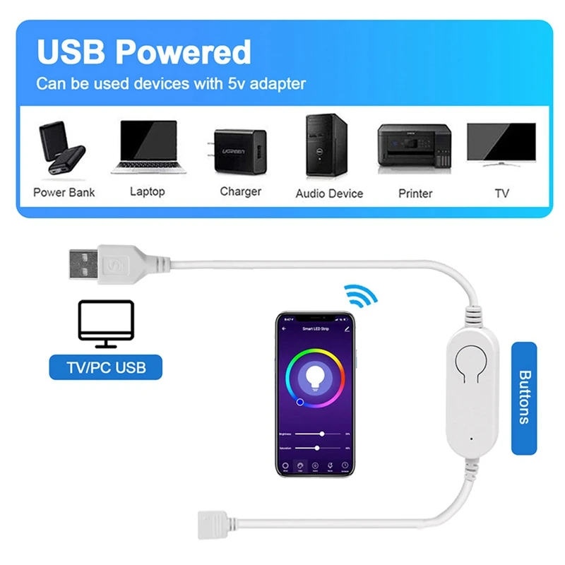 Tuya-LEDストリップライトコントローラー,wifi,dc5v,usb,調光器,タイマーモード,2835, 5050,スマートライフアプリ