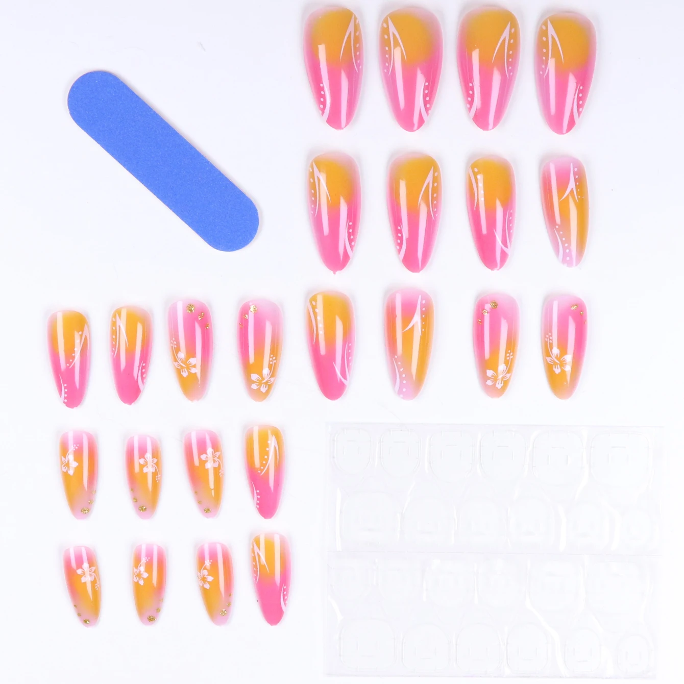 24개의 다채로운 꽃 아몬드 모양 인조 손톱 세트, 1개의 네일 파일 & 1개의 네일 글루 스티커 키트로 당신의 손톱을 업그레이드하세요