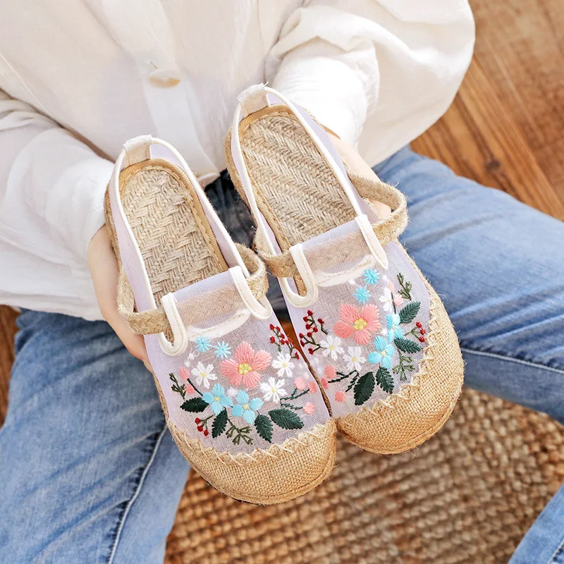 

Summer Women Gauze Mesh Close Toe Flat Mules Slippers Comfortable Breathable Embroidered Espadrilles Shoes Chaussures Femme