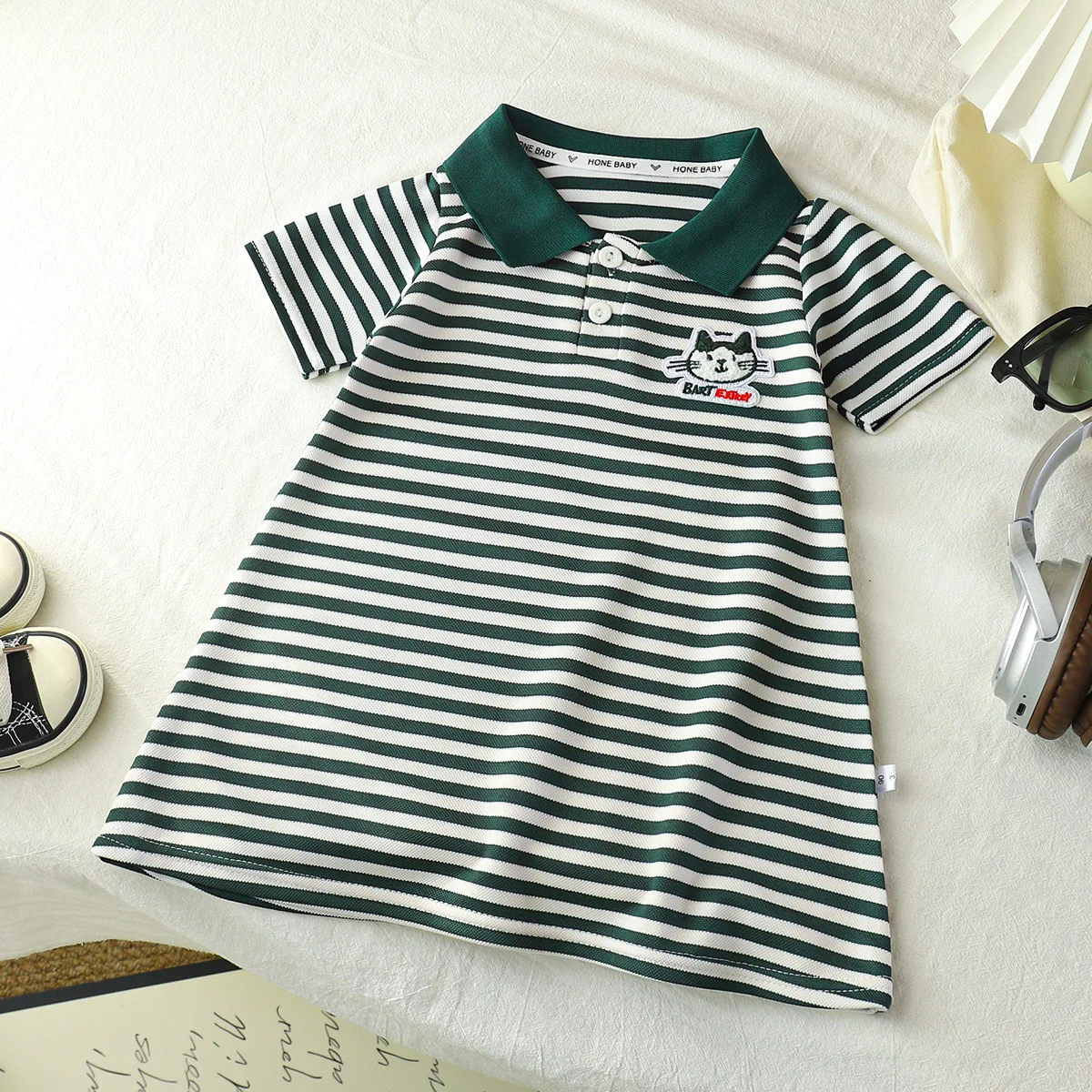 2026 Neues koreanisches Kinderkleid, Mädchen Sommer Casual Cartoon Gestreiftes Kurzarm-Prinzessinnenkleid mit Revers – Detail 9