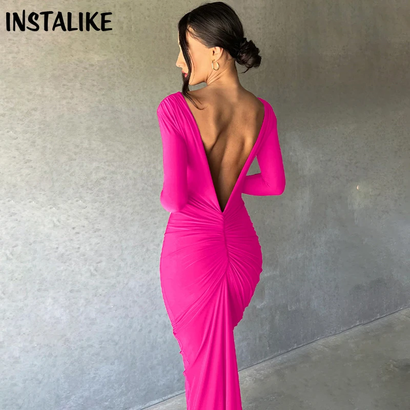 

Deep V Folds Backless Bodycon Long Dress Sexy Reversible Gala Luxury Graduation One Piece Dress Autumn Elegant And Pretty Women