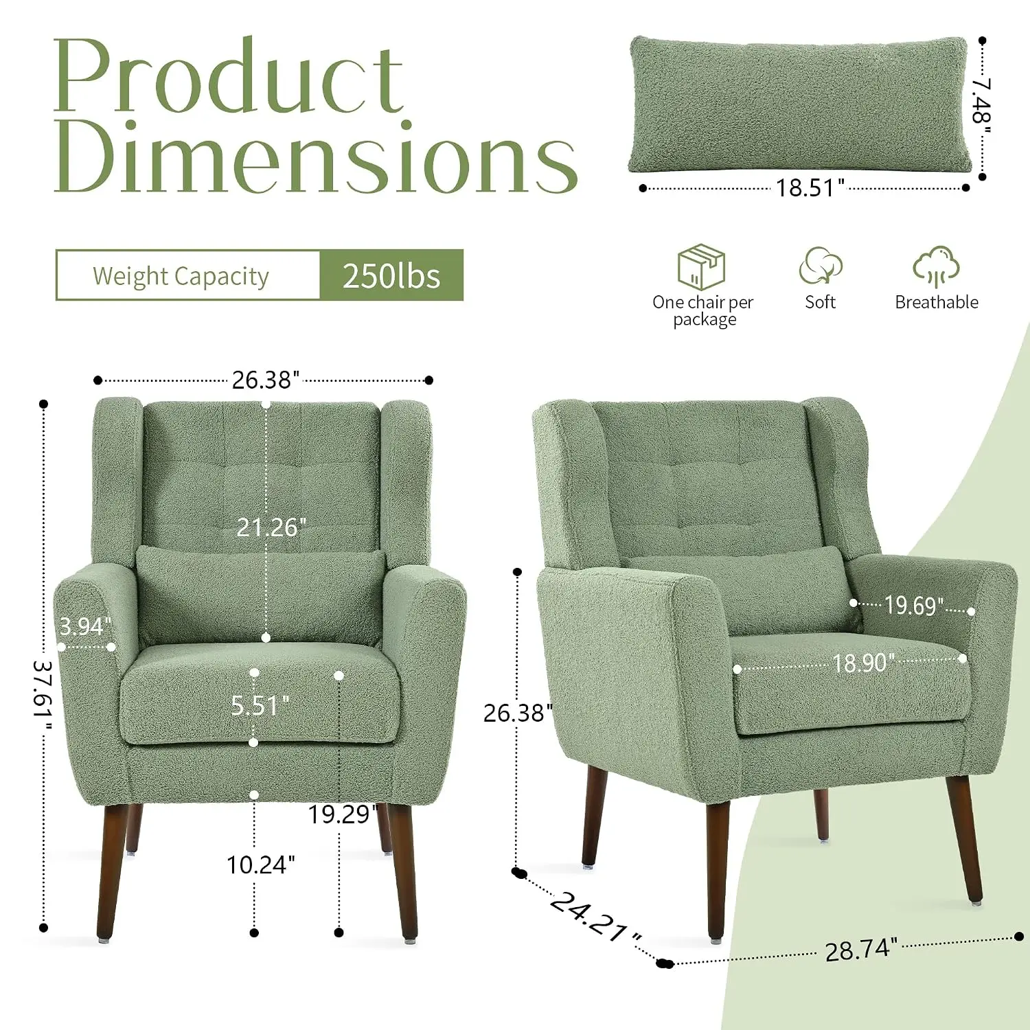 Modern Accent Armchair Set of 2, Teddy Upholstered Chair for Living Room & Bedroom with Lumbar Pillow & Wood Legs, Customized