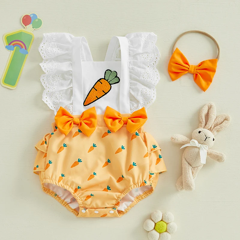 

Toddler Baby Girls Rompers Easter Clothes Carrot Embroidery Lace Fly Sleeve Infant Bodysuits Jumpsuits with Headband