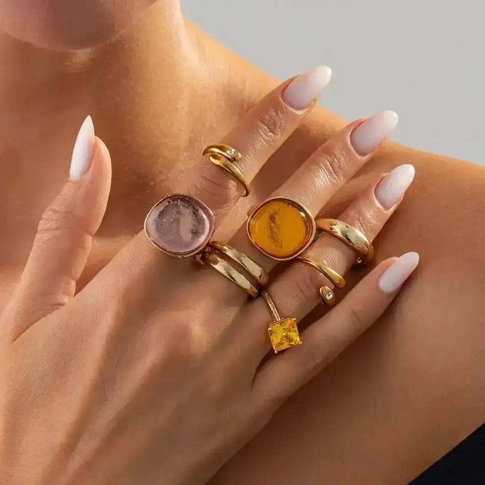 SHIXIN Trendy 7 Pcs/set Geometric Luxury Gold Color Open Rings Women Vintage Irregular Metal Finger Ring Wedding Bridal Jewelry