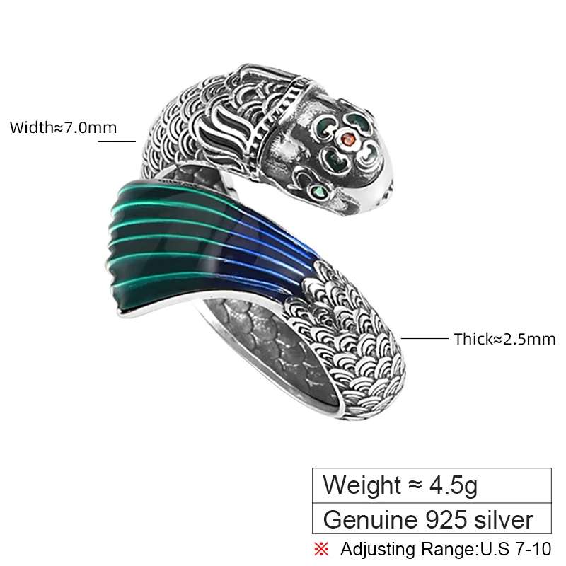 ZABRA 925 Silver Enamel Koi Ring for Men and Women Vintage Graduate Entrance Examination Landing Ring