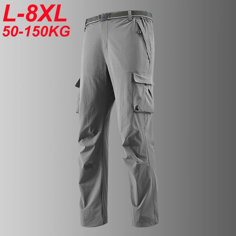 Men's Summer Cargo Pants Multi-Pockets Lightweight Ice Silk Cooling Sweatpants Wide Leg Loose Fit Straight Trousers Big Size 8XL