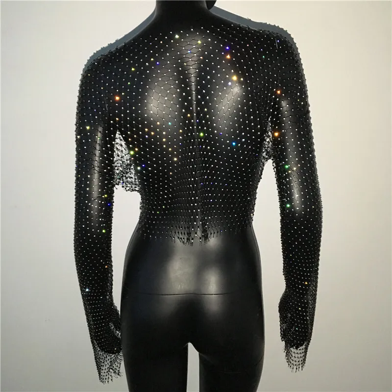 Y2K Mesh See Through T Shirt Shiny Rhinestone Fishnet Hollow Out Women Sexy Crop Top Long Sleeve Beach Cover Up Party Tank Tops