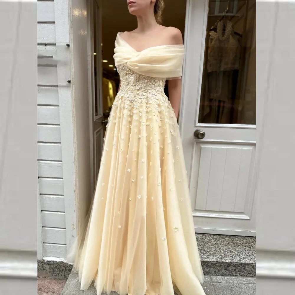 Customized Tulle Applique Draped Pleat Wedding Party A-line Off-the-shoulder Bespoke Occasion Gown