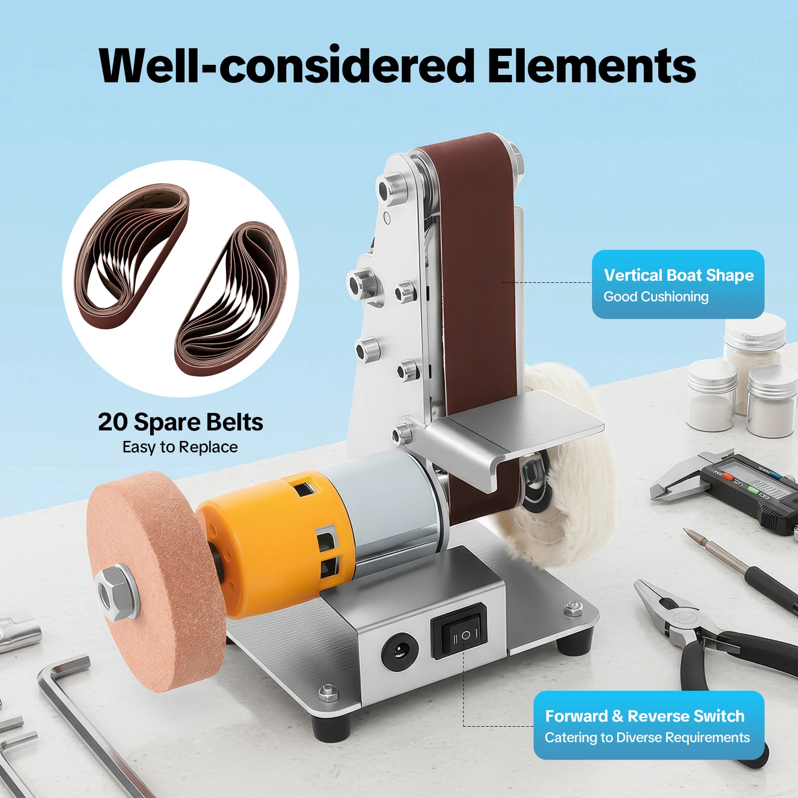 Mini-Bandschleifer, Elektrische Tischschleifmaschine, Tischpolierer Geeignet für DIY-Holzbearbeitung, Metallschleifen – Detail 2