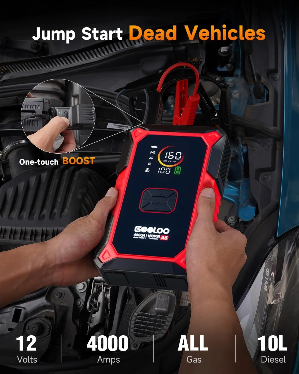 GOOLOO A5 & GT6000 Portable Car Jump Starter, A5 4000A Built-in Air Compressor,160PSI Auto Shutoff Tire Inflator,45W Output; GT6000 6000A Jump Starter with 100W Bidirectional Fast Charging