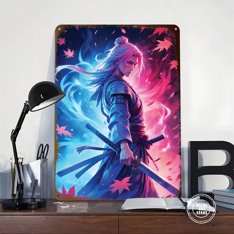 Samurai With Dual Swords Poster Customized Wall Art Vintage Metal Signs Retro Tin Plaque for Man Cave House Decor Coffee Bar