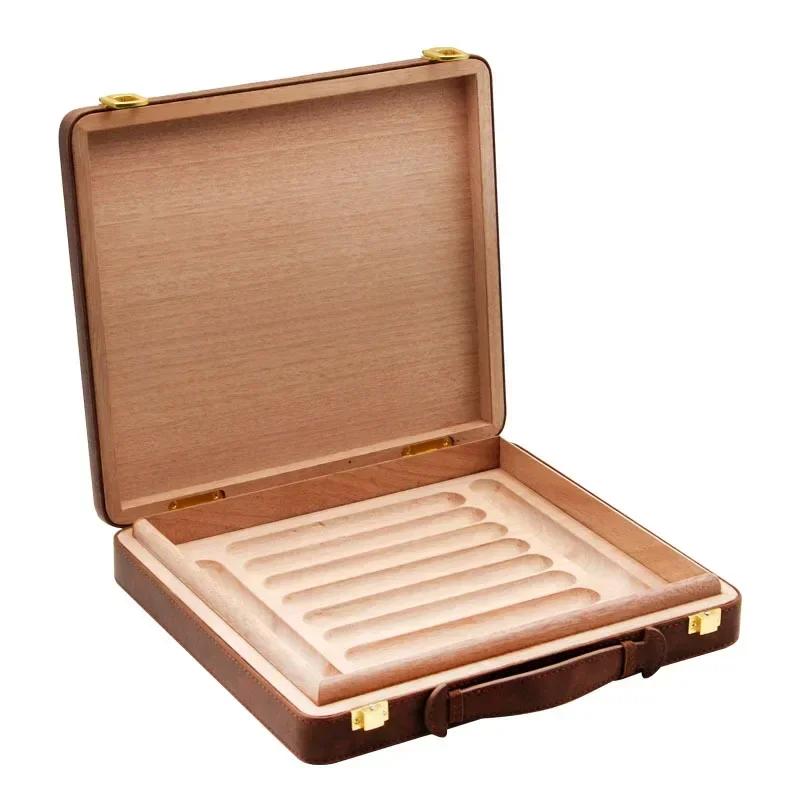 Portable Cedar Wood Lined Cigar Case, Brown Humidor Box Outdoor Travel Leather Cigarette Accessories 10 Count Humidor Box