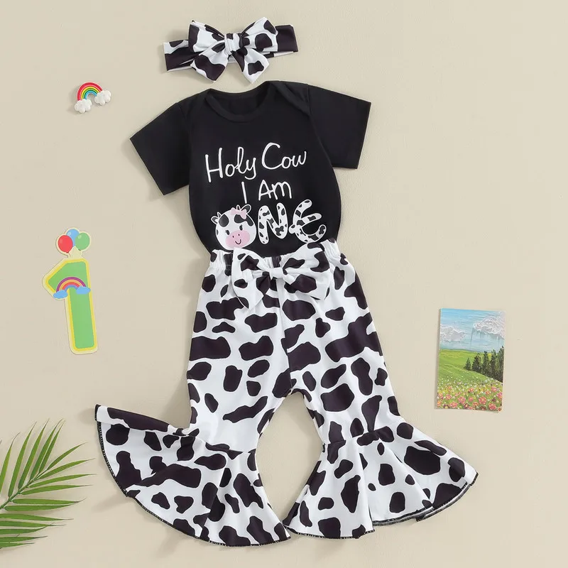 

Baby Girls 3PCS Pants Sets Summer Clothes Short Sleeve Letter Cow Print Bodysuit Flared Pants Headband Sets Baby Clothing