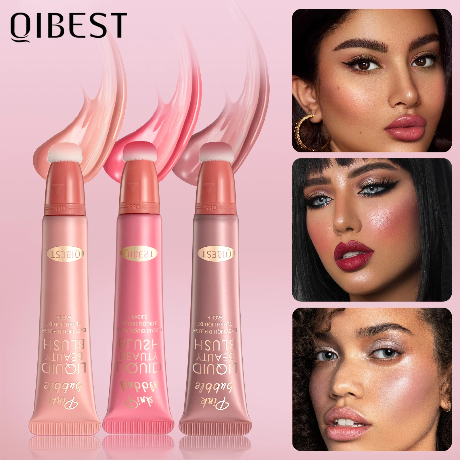 

QIBEST Liquid Contour With Cushion Applicator For Cheeks Tint Natural Shimmer Finish Moisturizing Creamy Liquid Blush Highlight