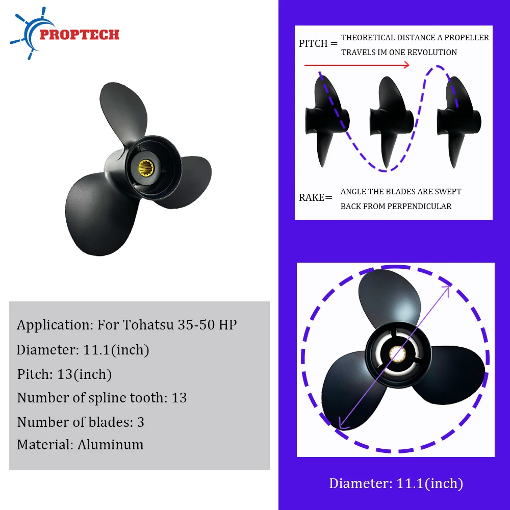 3T5B64527-0  For Tohatsu 35 40 50HP 11.1 X 13 Aluminum Alloy Marine Propeller 3 Blades with 13 Spline Outboard