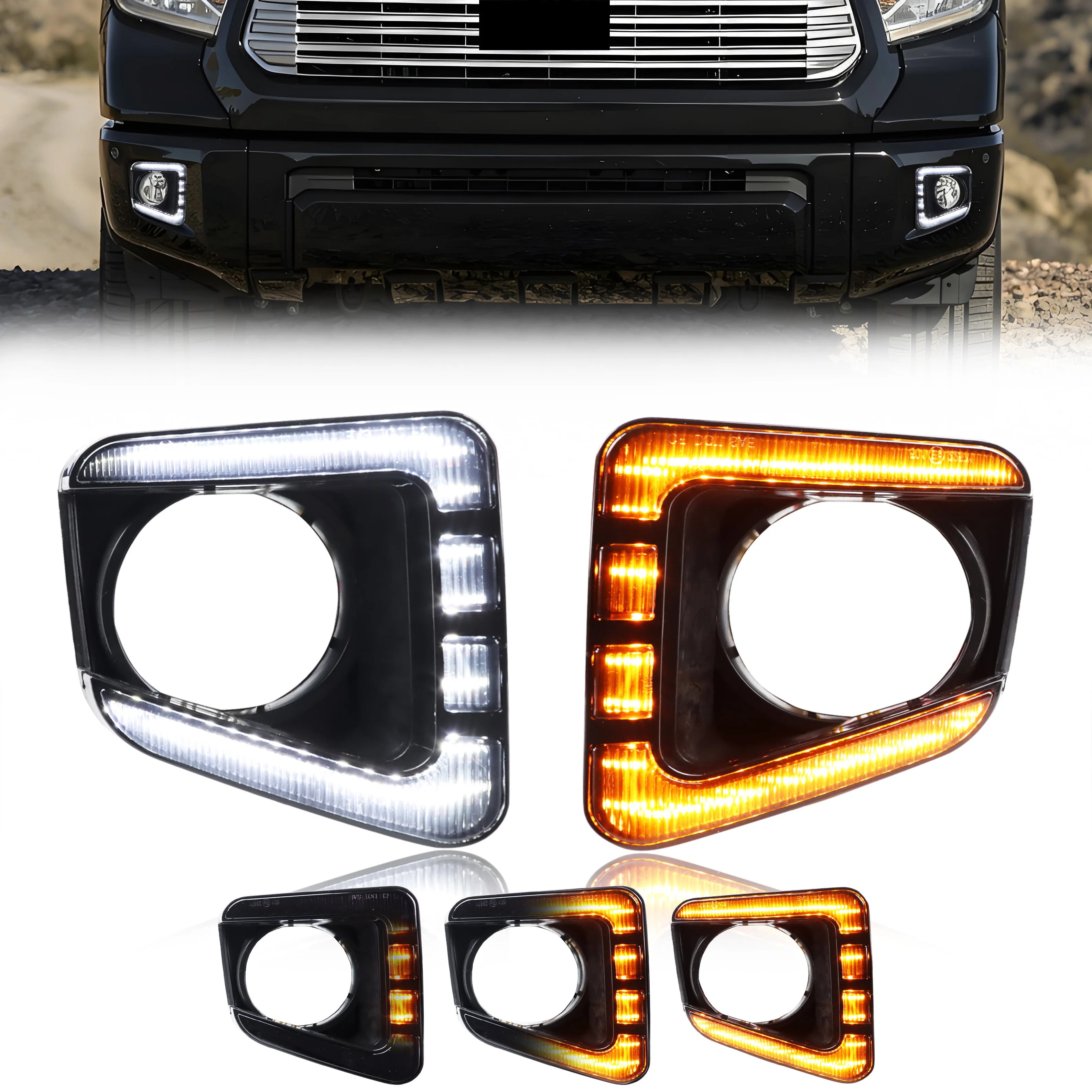 2Pcs For 2014 2015 2016 2017 2018 2019 2020 2021 Toyota Tundra Front Fog Light Turn Signal Light DRL Light Running Bezel W/LED