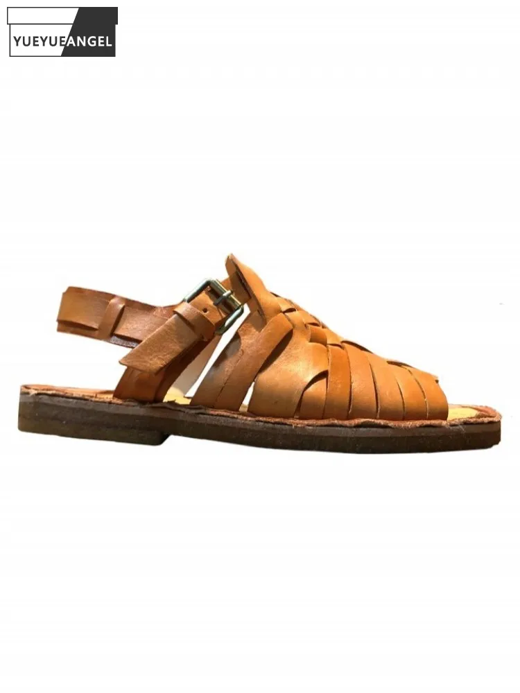 Handmade Mens Cowhide Genuine Leather Sandal Open Toe Weave Gladiator Sandals Summer Street Vintage Buckle Strap Casual Shoes