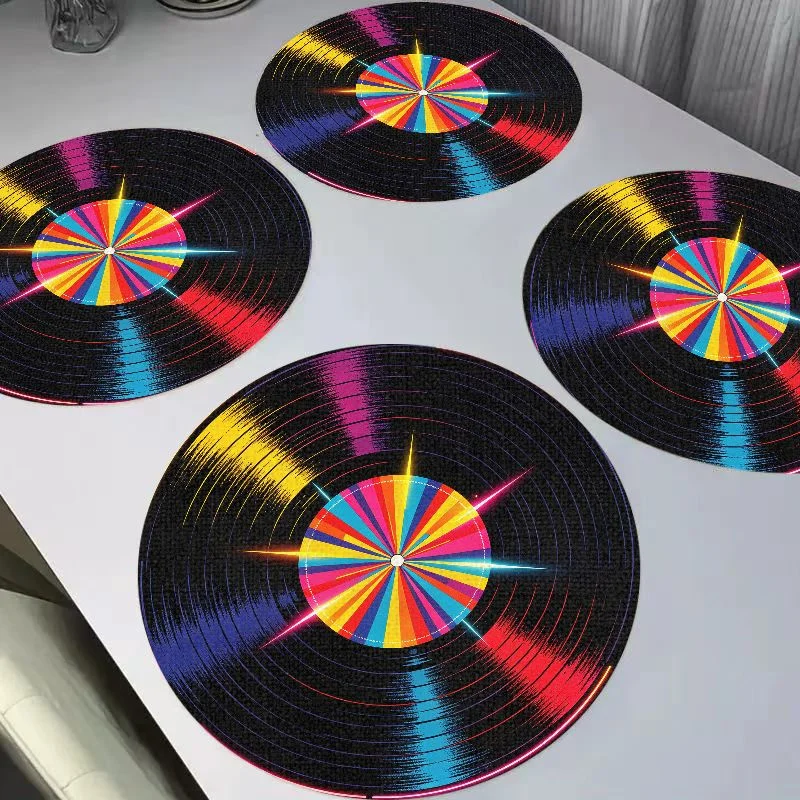 VIKAMA Retro Vinyl Record Circular Round Linen Placemats, Heat Resistant Table Mat for Dining Table Kitchen Home Decor