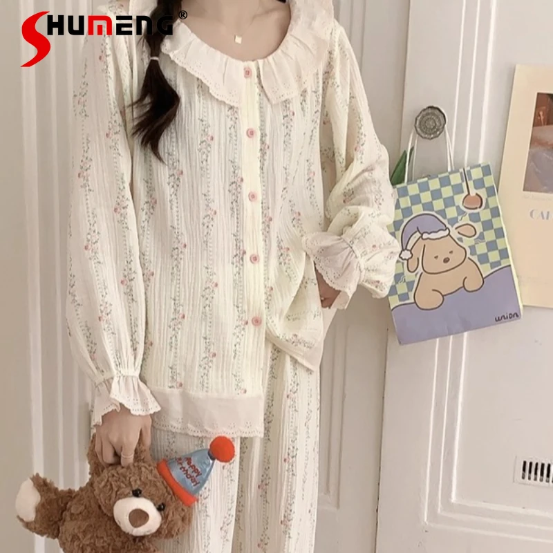 Ensemble pyjama en gaze de coton pur pour femmes, Style princesse doux, costumes de sommeil haut de gamme, ensemble de vêtements de maison de Style doux, automne