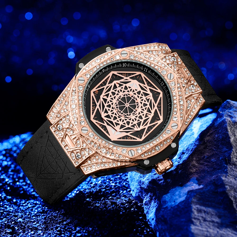 Relojes de diamantes para hombre, reloj de marca de lujo con esfera grande, reloj de acero inoxidable para hombre, reloj resistente al agua con diamantes de imitación a la moda para hombre