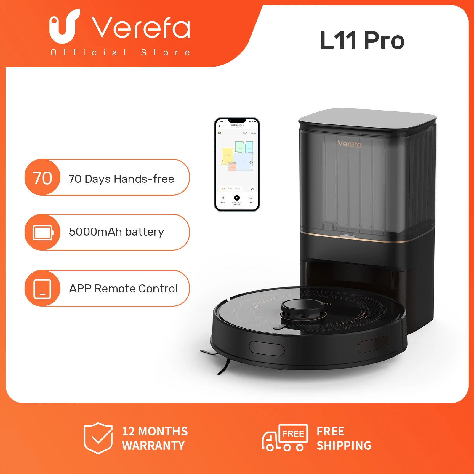 Verefa-L11 로봇 진공 셀프 비어 있는 70 일 라이다 내비게이션 로봇 진공 청소기, 2700Pa, 스마트 매핑 로봇 진공 청소기, 160 분