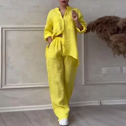 2024 New Womens Cotton Linen Suit Summer Outfits Casual Stand Collar Button Top & Drawstring Pants Solid color 2-piece set