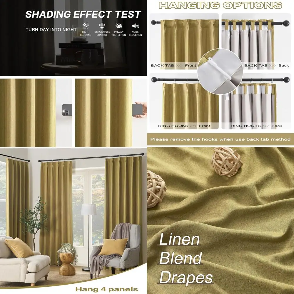 

Льняные горчично-желтые плотные шторы 96 с задними выступами и крючками, 40x96, комплект из 2 панелей для дома