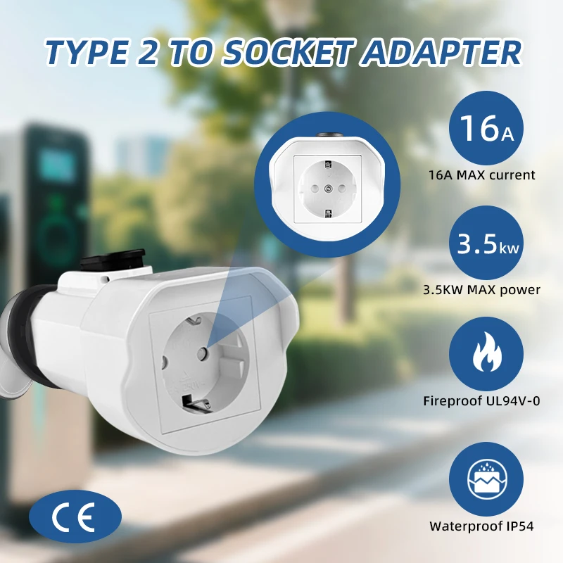 EVqiaoyi محول من نوع Type2 إلى مقباس منزلي 220 فولت (محول شاحن Type2 ذكر إلى مقباس كهرباء منزلي - متوافق مع جميع محطات الشحن من نوع Type2)