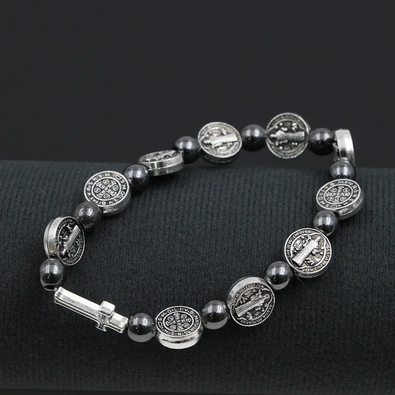 Catholic Rosary Bracelet St. Benedict Medal Cross Prayer Bracelets Hematite Beads Religion Jewelry Accessories