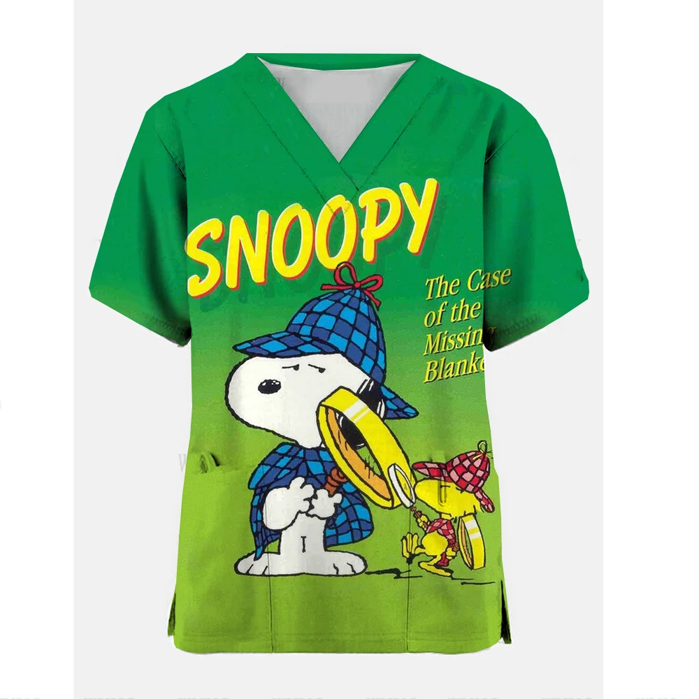 Snoopy print Cartoon Nurse Uniform Quality V-neck Short Sleeve Tee Spa Beauty Salon Pet Work Wear Slim Fit Scrub Clothes