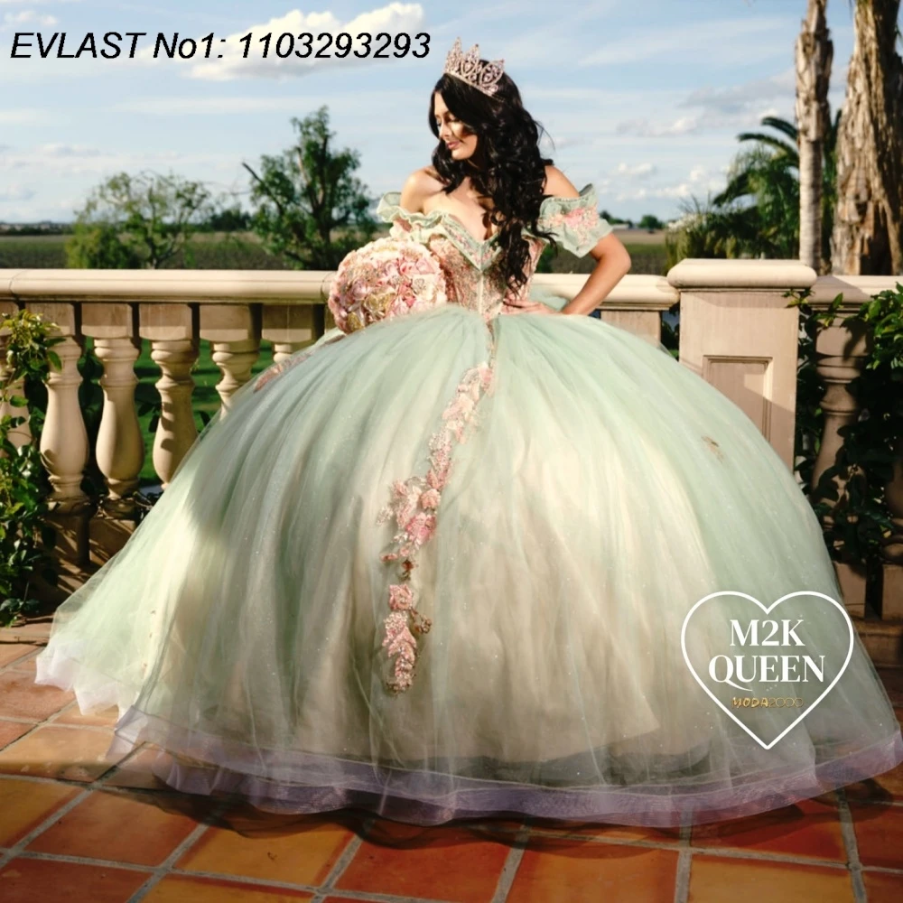 

EVLAST Customized Glitter Mint Ball Gown Quinceanera Dress 3D Floral Applique Beading Corset Sweet 16 Vestidos De 15 Anos E1QN91