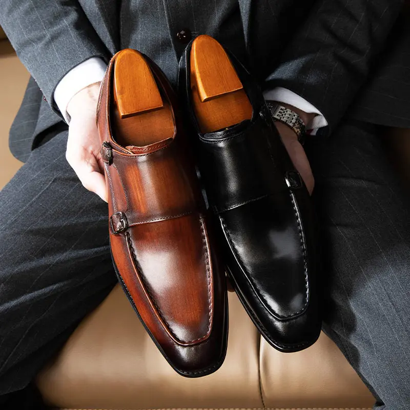 

British Vintage Men's Mengke Shoes Leather Pointed Toe Buckle Monk Leather Shoes Men's Business Dress Wedding Groom Shoes