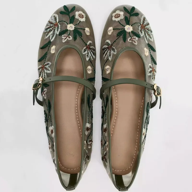 Flower Embroidered Mesh Flats Ballet Shoes Women  Breathable Round Toe Retro Women Shoes Leisure Comfy Designer Mary Jane Shoes
