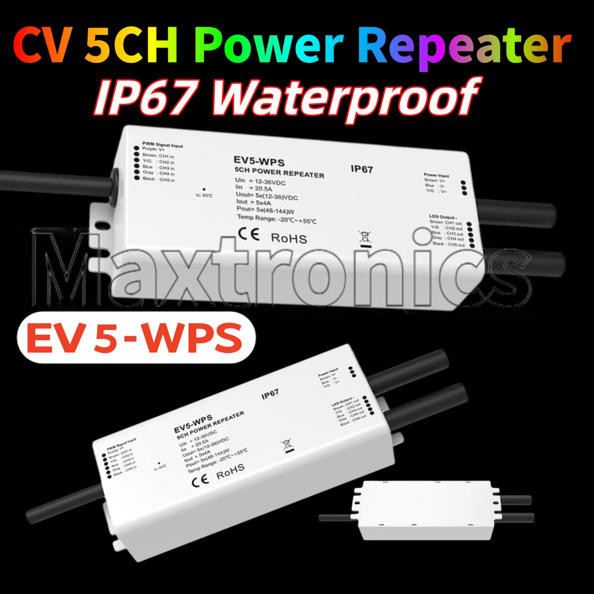 EV5-WPS Power Repeater Skydance CV 5CH*4A 12-36V for Constant Voltage DIM/CCT/RGB/RGBW/RGB+CCT LED Strip /Module IP67 Waterproof